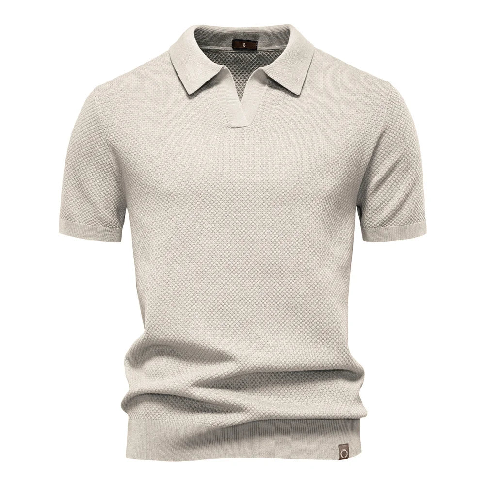 Camisa Polo Italiana Ravello Masculina em tricô premium na cor off-white creme texturizada.