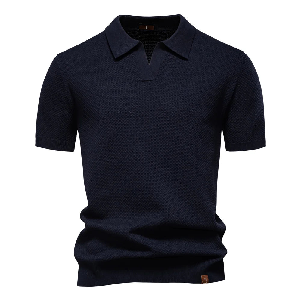 Camisa Polo Italiana Ravello Masculina em tricô premium na cor azul marinho escuro.