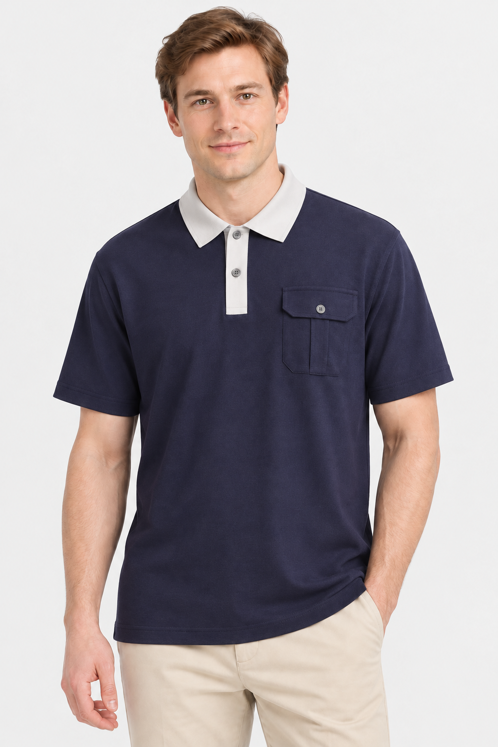 Polo azul-marinho com bolso, foto próxima